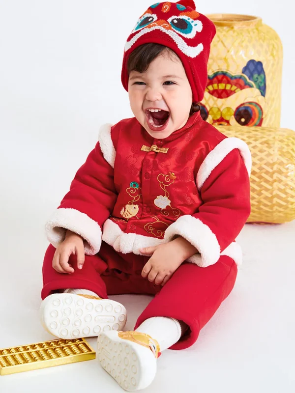 Balabala Baby Boy Propitious Graphic Knitted Jumpsuit 0-3 Years Chinese Red Sale