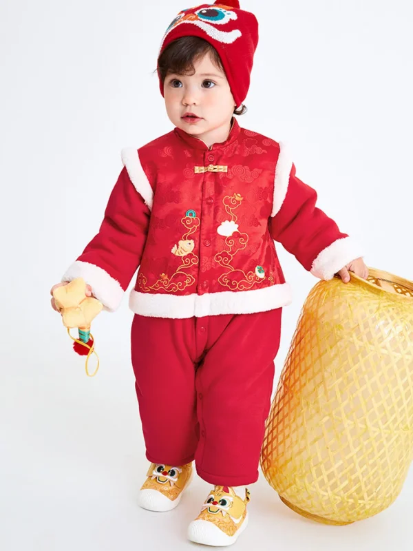 Balabala Baby Boy Propitious Graphic Knitted Jumpsuit 0-3 Years Chinese Red Sale