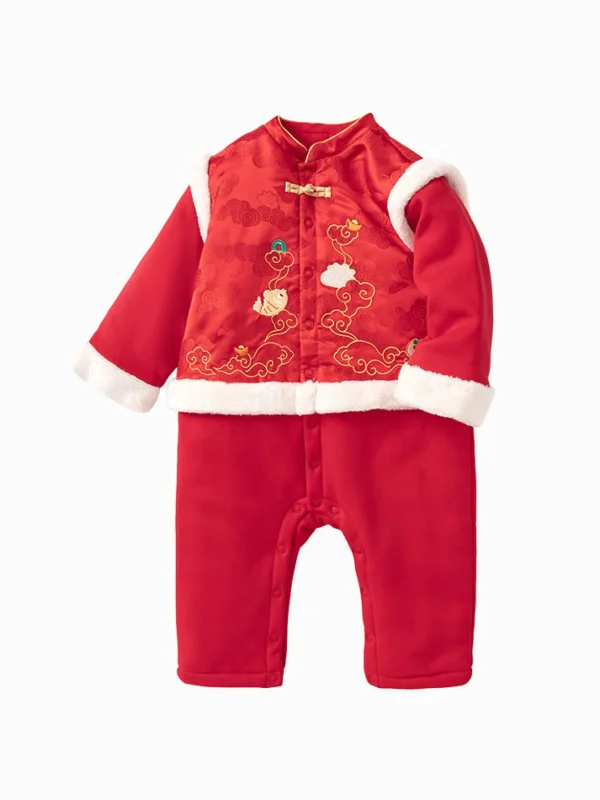 Balabala Baby Boy Propitious Graphic Knitted Jumpsuit 0-3 Years Chinese Red Sale