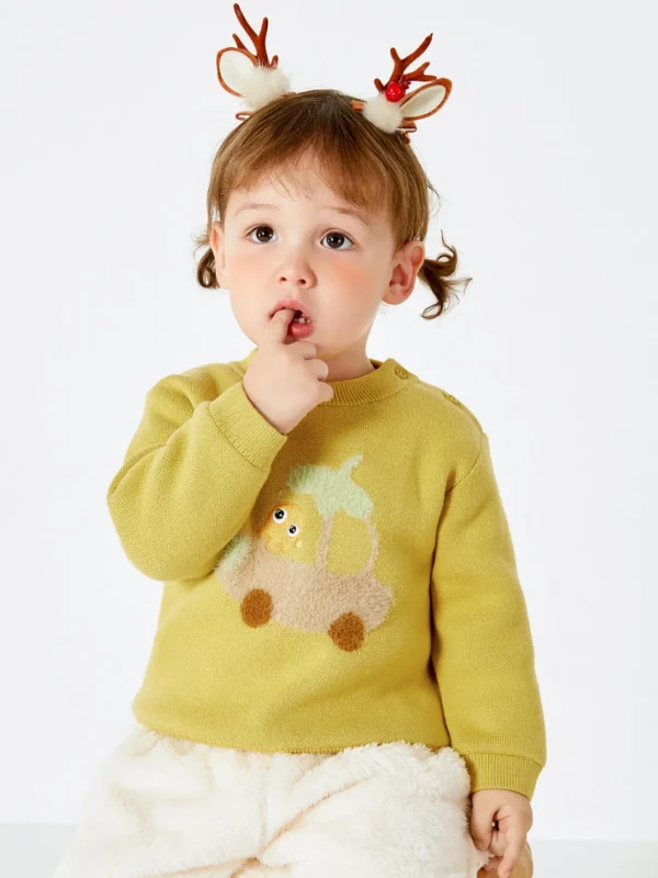 Balabala Baby Car Jacquard Crew Neck Long Sleeve Sweater Yellow Hue Discount