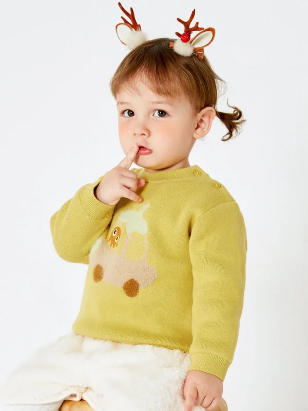 Balabala Baby Car Jacquard Crew Neck Long Sleeve Sweater Yellow Hue Discount