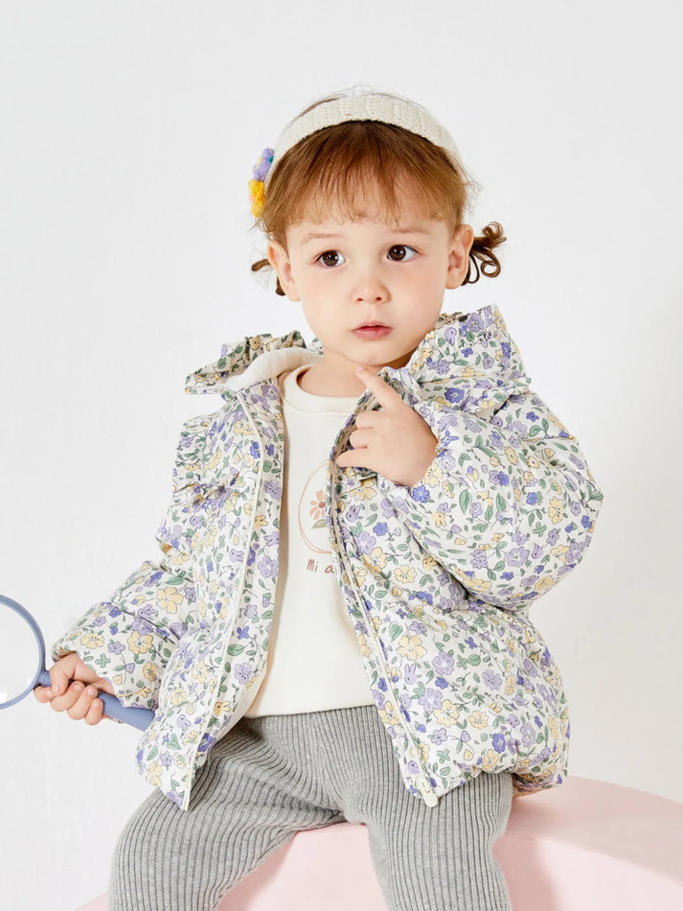 Balabala Baby Girl Full Print French Court Garden Hooded Down Jacket Purple Hue Cheap