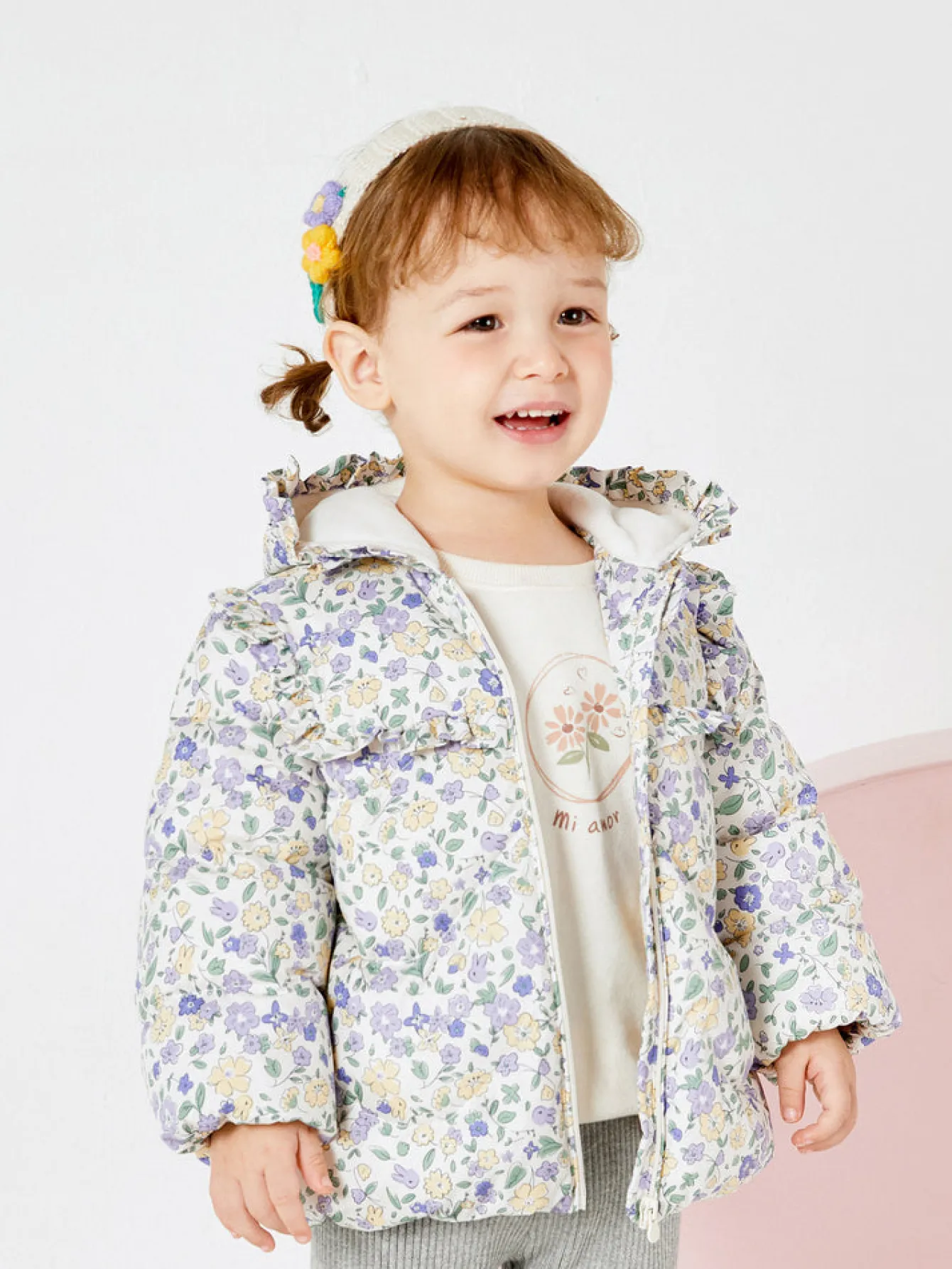 Balabala Baby Girl Full Print French Court Garden Hooded Down Jacket Purple Hue Cheap