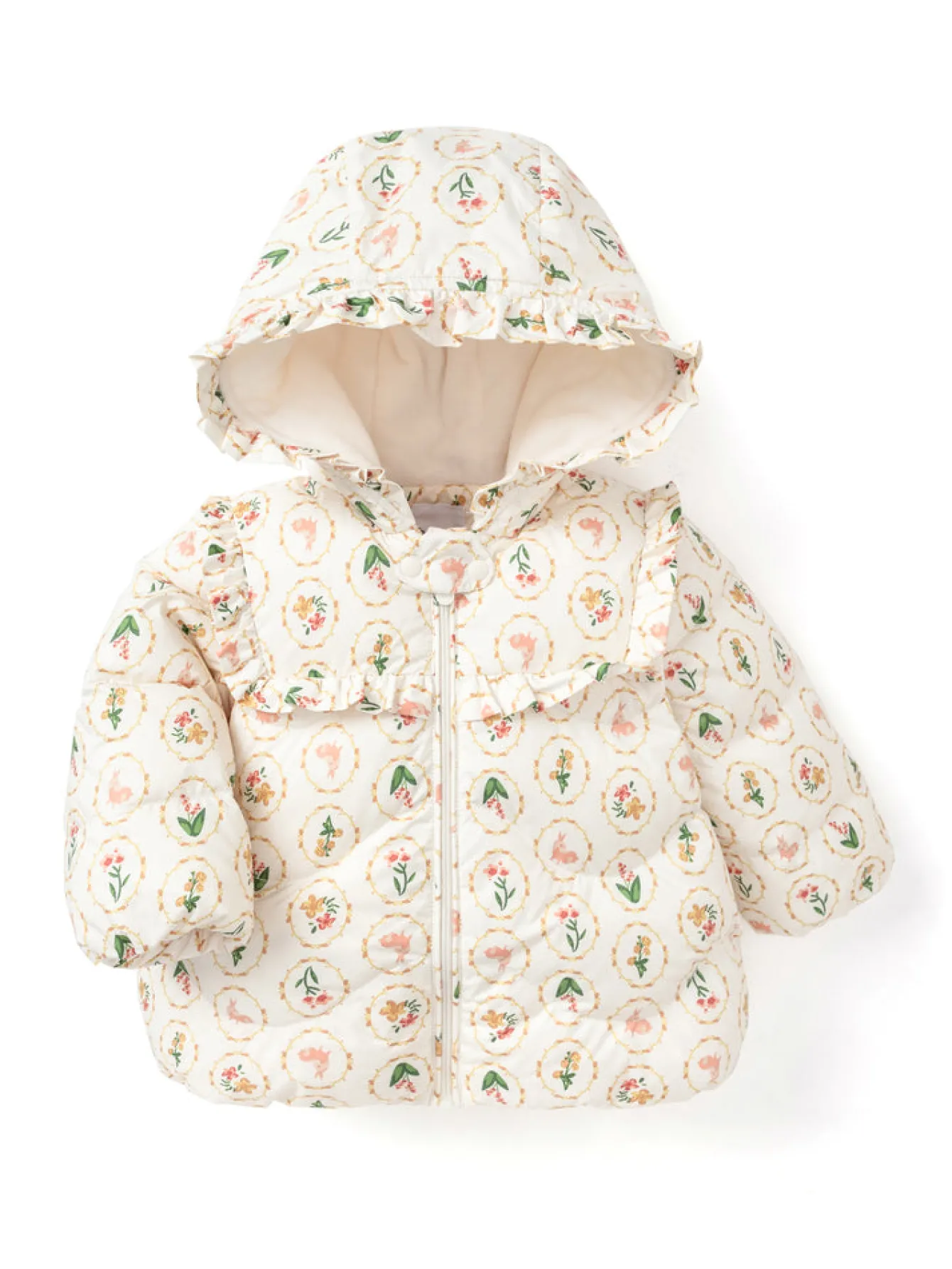 Balabala Baby Girl Full Print French Court Garden Hooded Down Jacket Yellow Hue Fashion