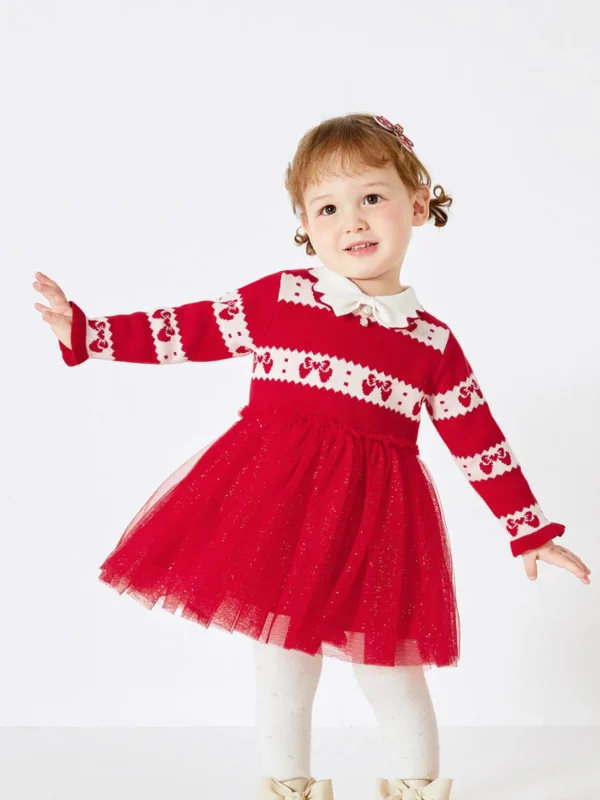 Balabala Baby Girl Lapel Long Sleeve Dress Red Hue Fashion