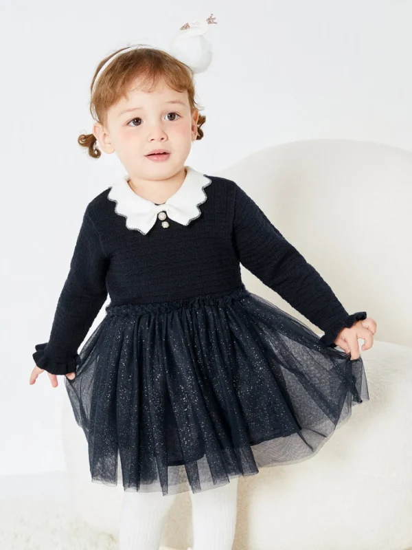 Balabala Baby Girl Lapel Long Sleeve Dress Dark Blue Cheap