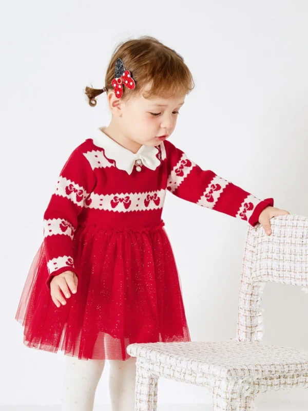 Balabala Baby Girl Lapel Long Sleeve Dress Red Hue Fashion