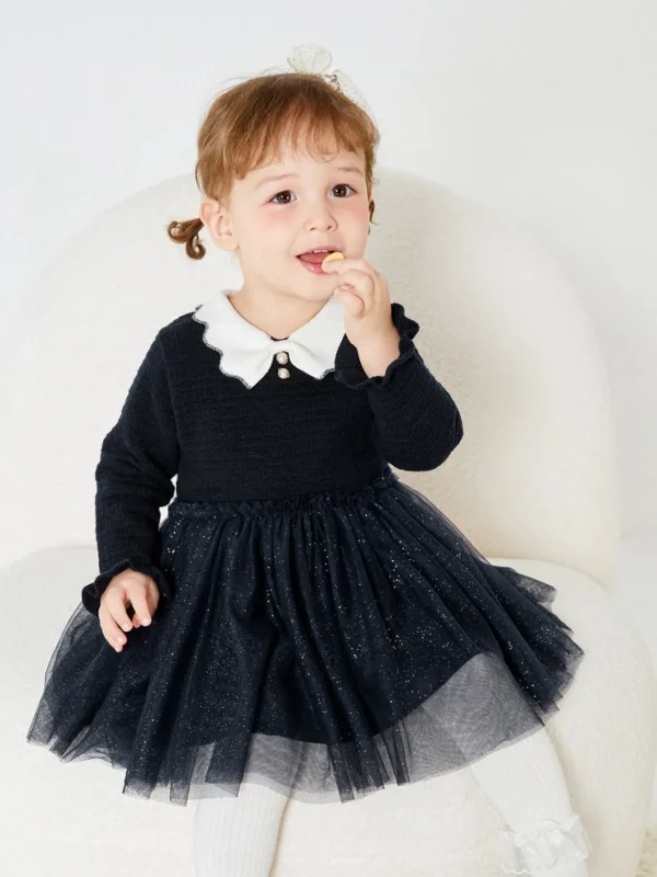 Balabala Baby Girl Lapel Long Sleeve Dress Dark Blue Cheap