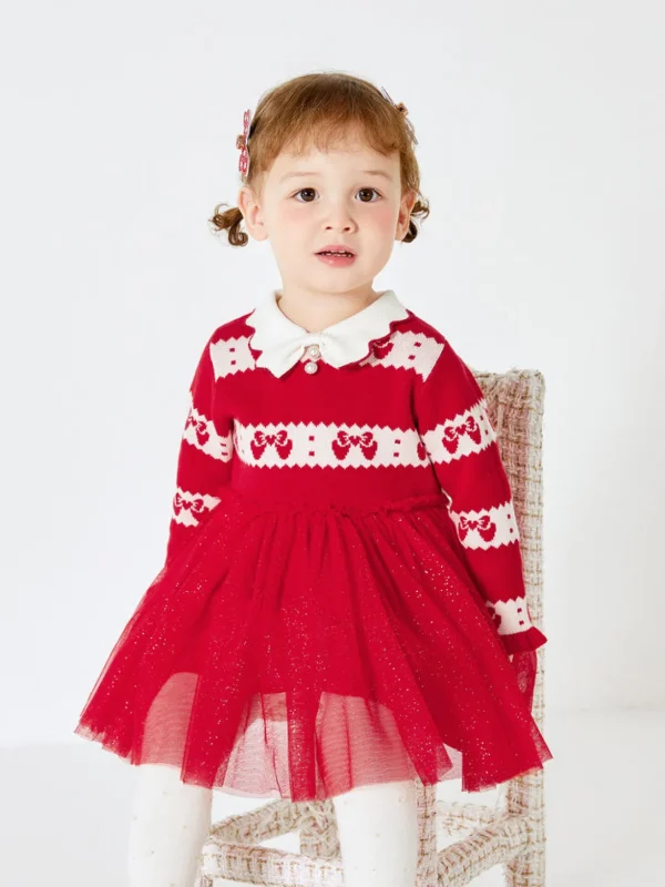 Balabala Baby Girl Lapel Long Sleeve Dress Red Hue Fashion