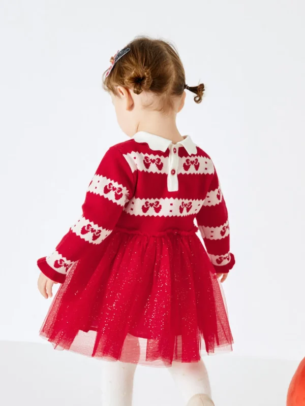 Balabala Baby Girl Lapel Long Sleeve Dress Red Hue Fashion