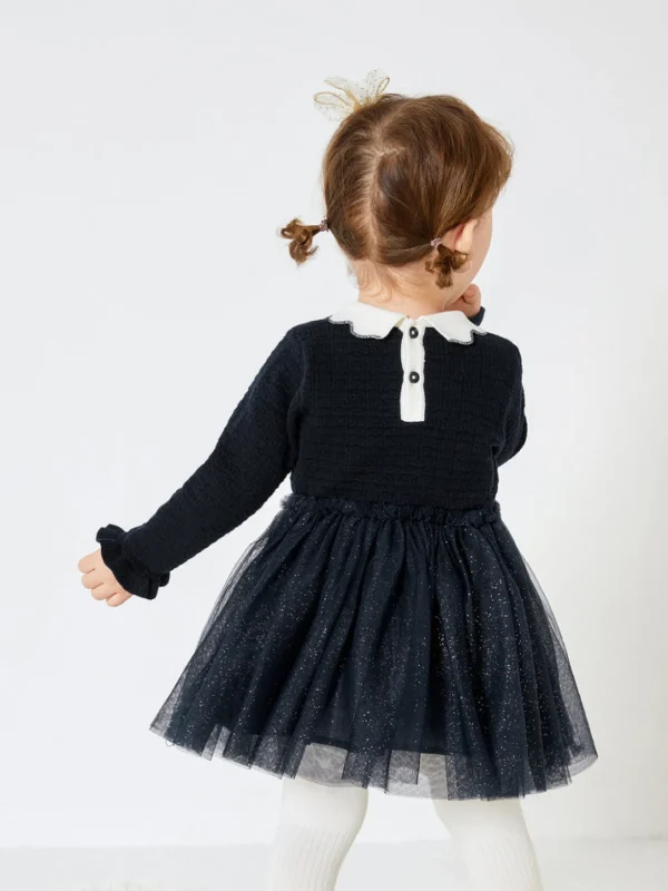 Balabala Baby Girl Lapel Long Sleeve Dress Dark Blue Cheap