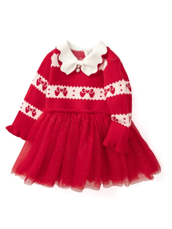 Balabala Baby Girl Lapel Long Sleeve Dress Red Hue Fashion