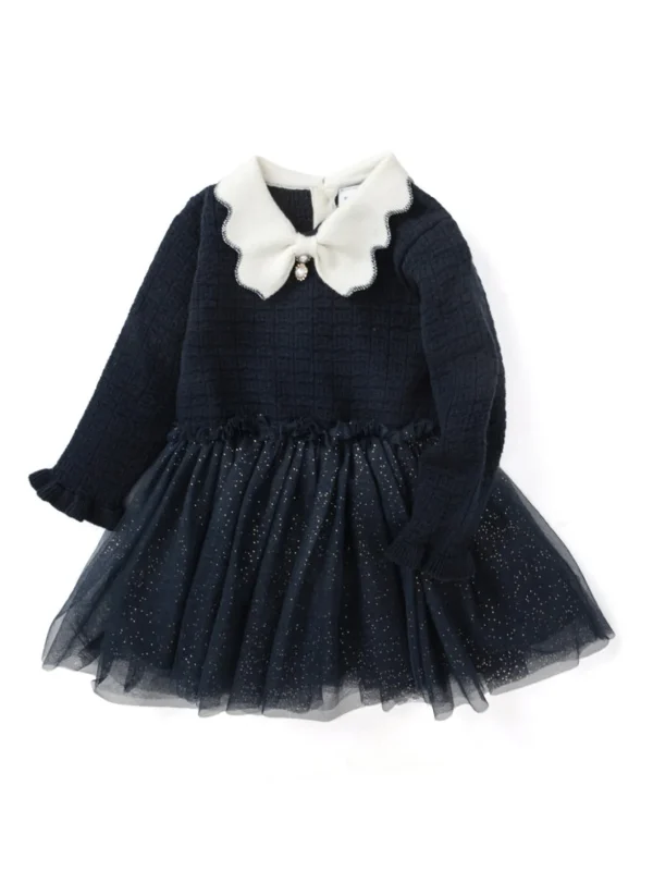 Balabala Baby Girl Lapel Long Sleeve Dress Dark Blue Cheap