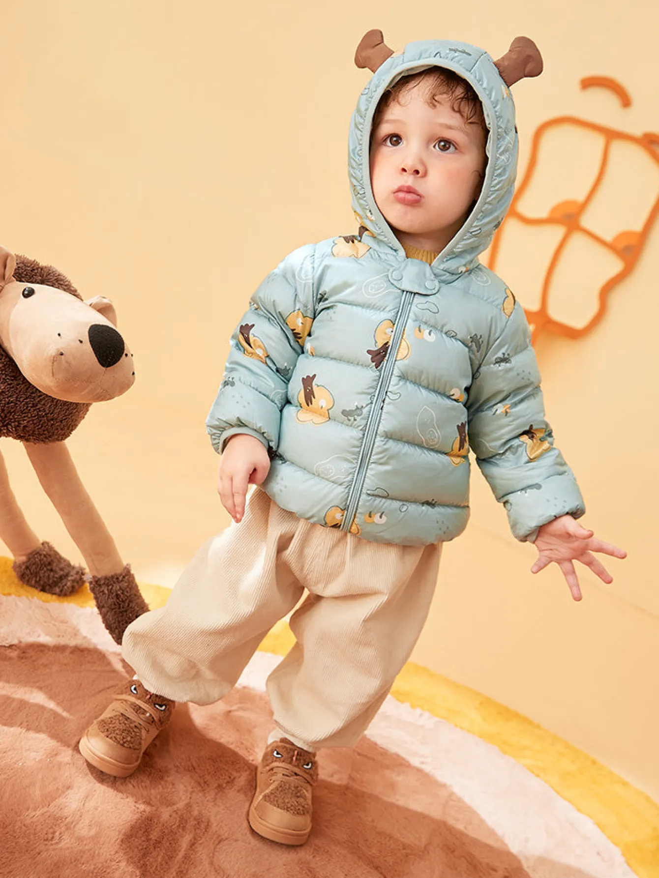 Balabala Baby Hooded Ears Fresh Cute Fun Bright Color Down Jacket Green Hue Fashion