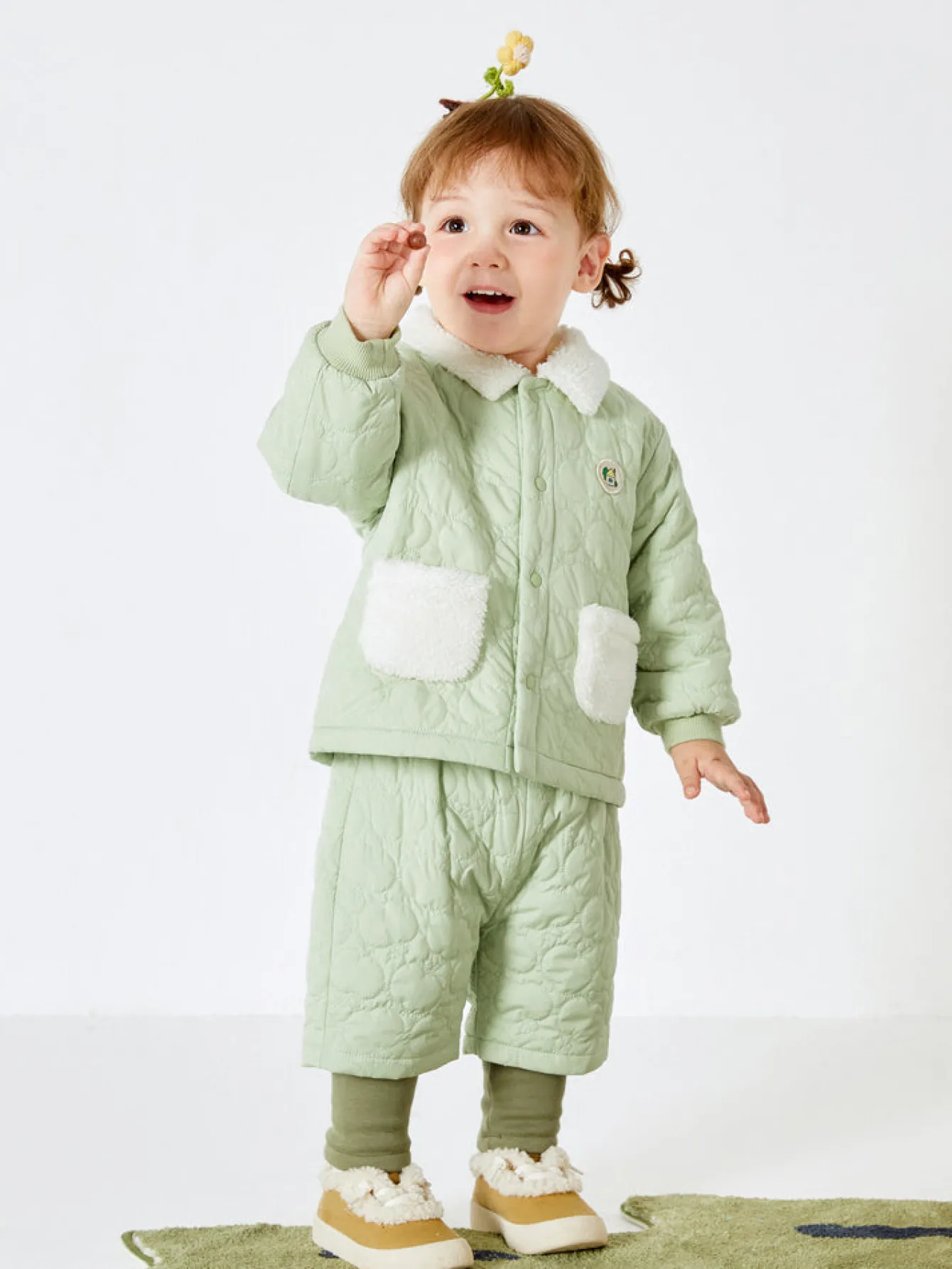 Balabala Baby Lapel Long Sleeve Two-Section Pants Long Sleeve Set Pink Green Cheap