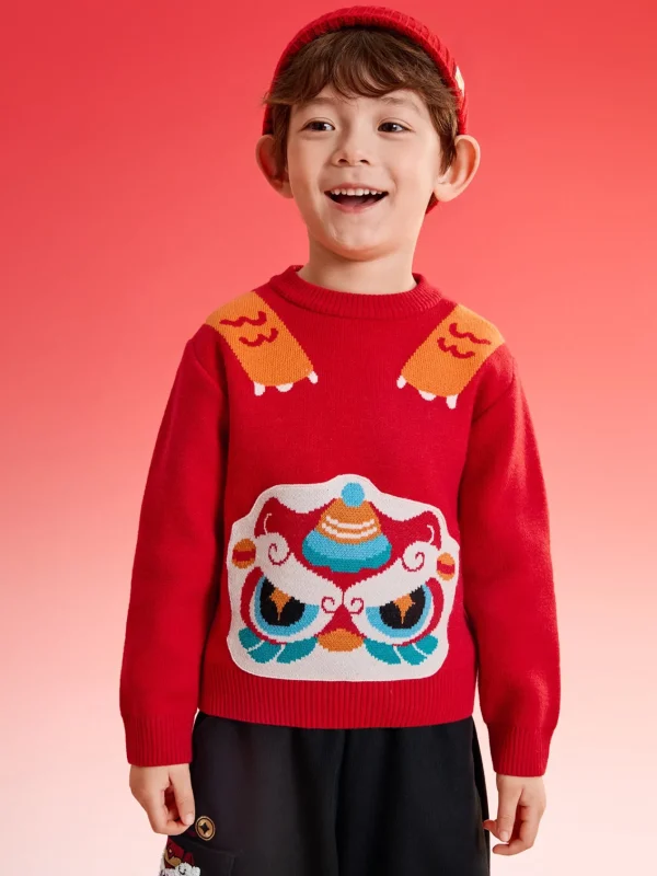Balabala boys' sweater New Year jacquard knitted sweater 2025 spring and autumn new style New Year outfit Chinese Red Cheap
