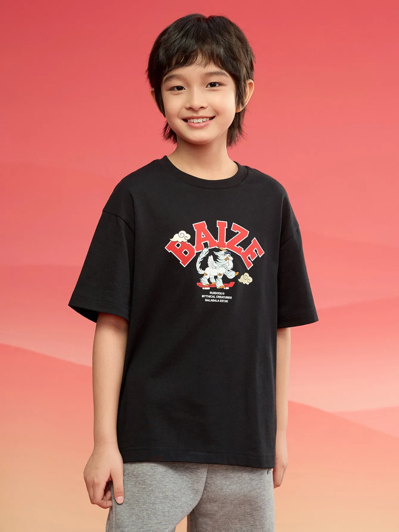 Balabala Children Clothes Boy And Girl Short Sleeve T-Shirt 2024 New Autumn And Winter Crew Neck New Year's Outfit Cheap