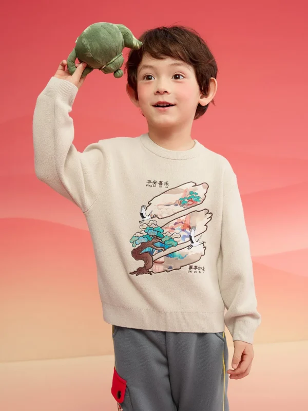 Balabala Children Clothes Boy Sweater 2025 New Spring New Year's Outfit Baby Chinese Style Knitwear Cheap