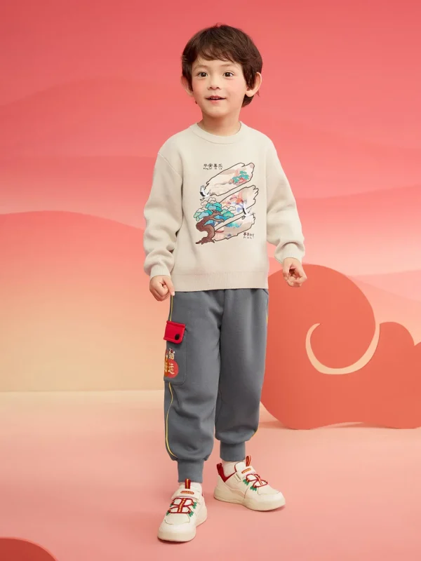 Balabala Children Clothes Boy Sweater 2025 New Spring New Year's Outfit Baby Chinese Style Knitwear Cheap