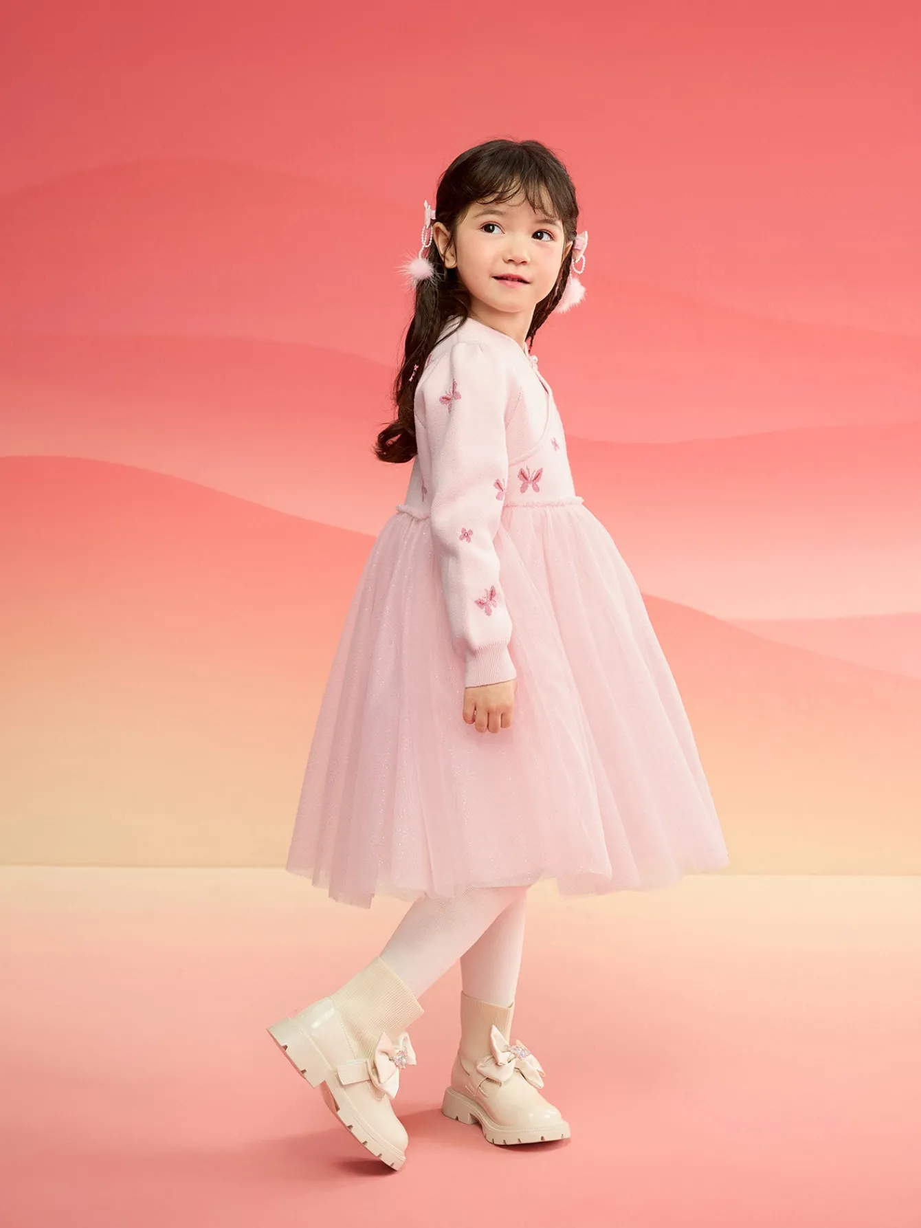 Balabala Children Clothes Girl Dress Children Skirt Knitted Mesh 2025 Winter New Princess Dress New Year Sale