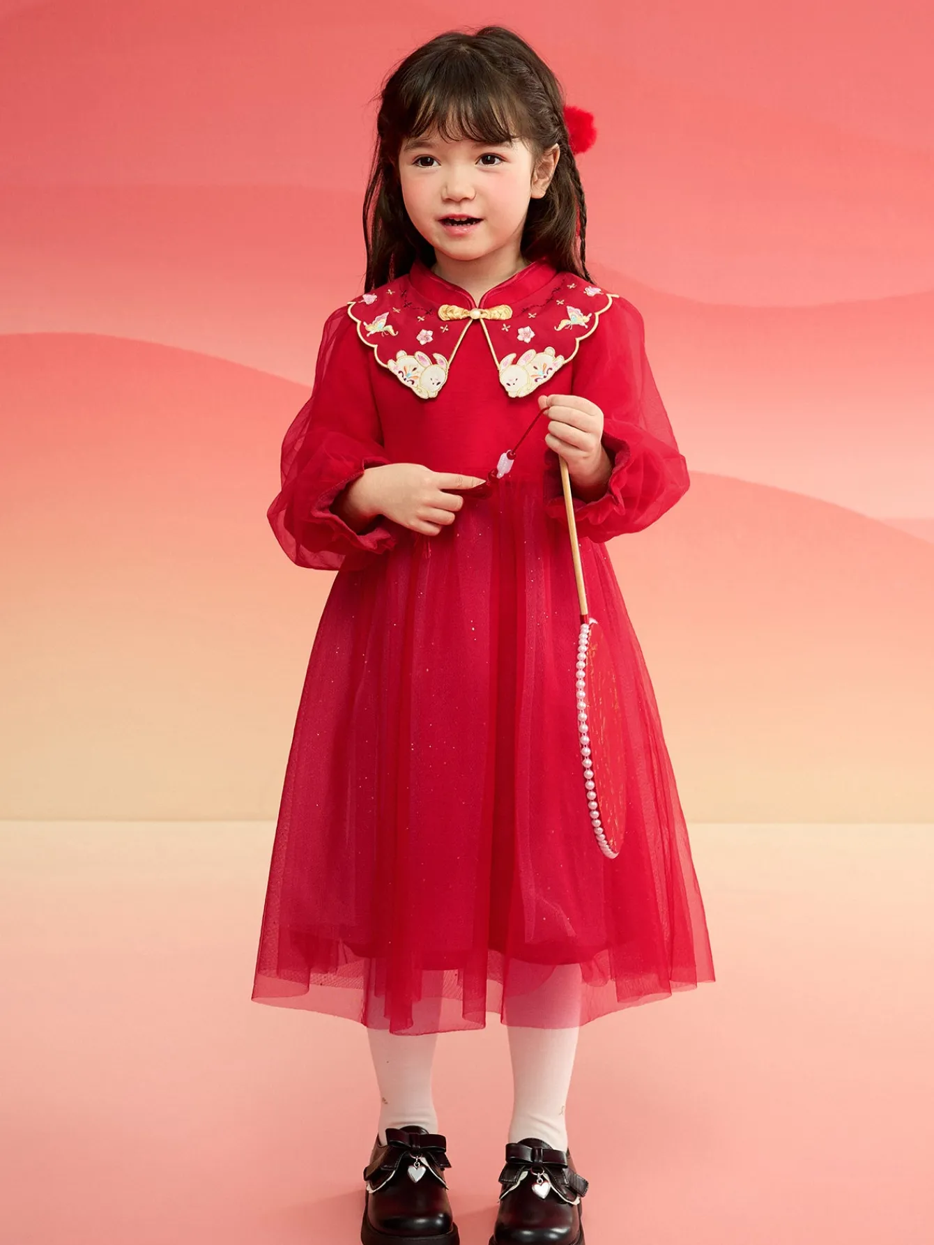 Balabala Children Clothes Girl New Chinese Style Dress 2025 Winter New Mesh Princess New Year's Dress Red Fashion