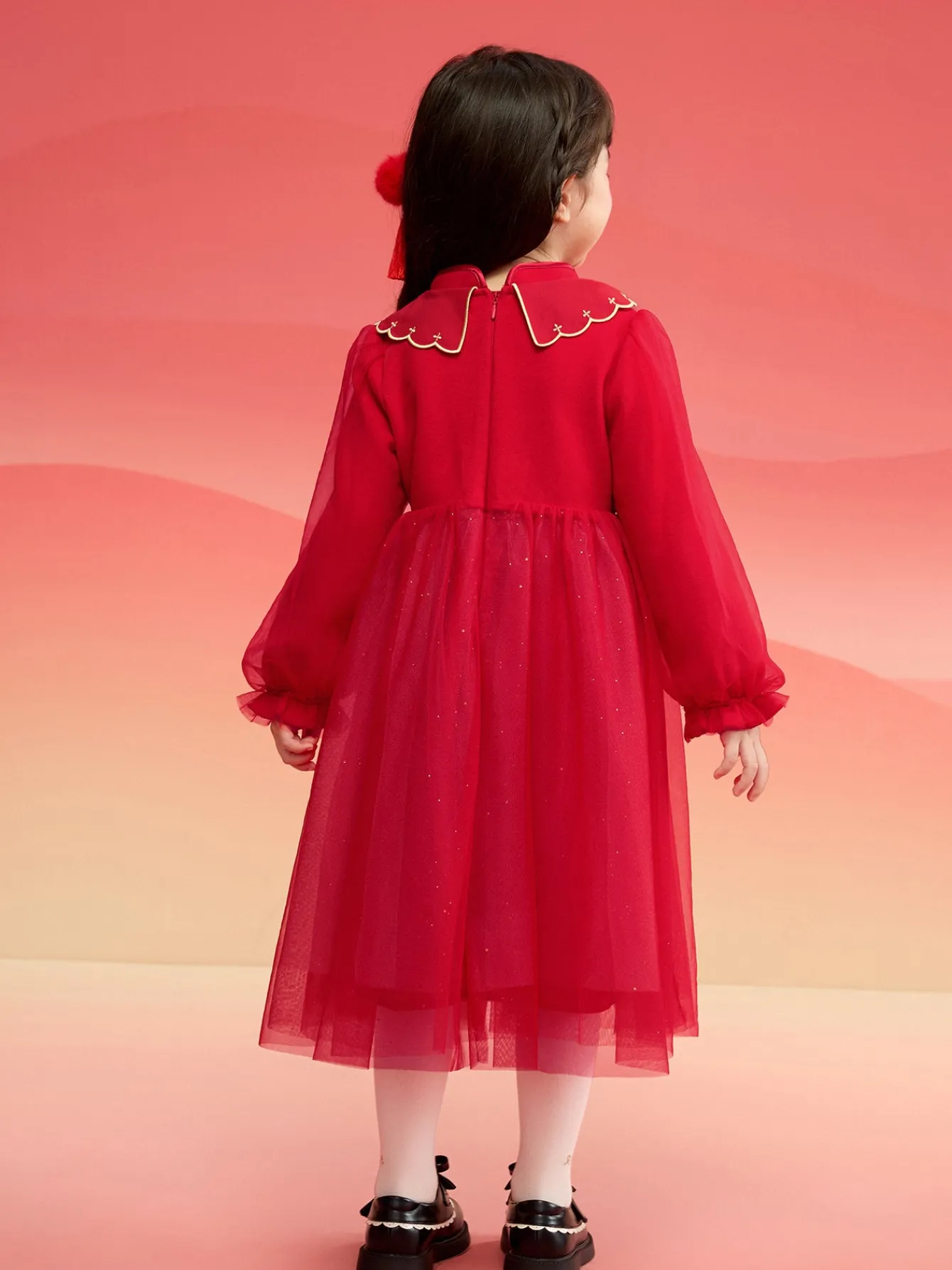 Balabala Children Clothes Girl New Chinese Style Dress 2025 Winter New Mesh Princess New Year's Dress Red Fashion