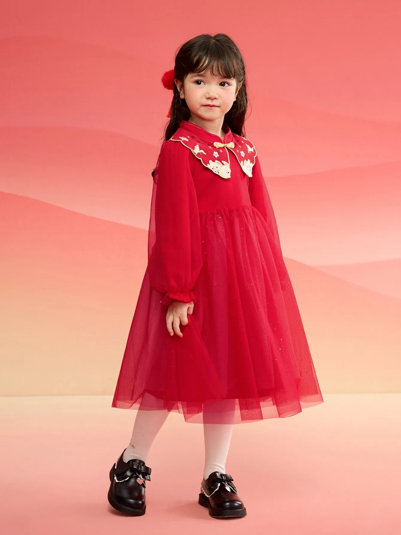 Balabala Children Clothes Girl New Chinese Style Dress 2025 Winter New Mesh Princess New Year's Dress Red Fashion