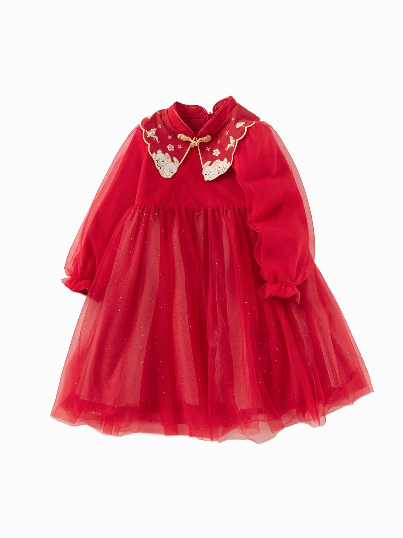 Balabala Children Clothes Girl New Chinese Style Dress 2025 Winter New Mesh Princess New Year's Dress Red Fashion