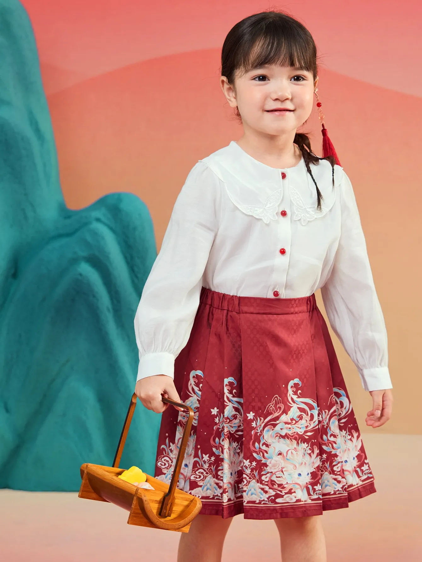 Balabala Children Clothes Girls Hourse-Face Skirt Suit 2025 Winter New Embroidered Shirt Skirt New Year's Outfit Cheap