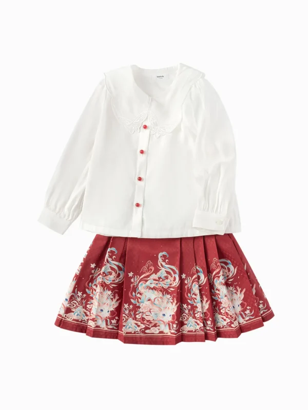 Balabala Children Clothes Girls Hourse-Face Skirt Suit 2025 Winter New Embroidered Shirt Skirt New Year's Outfit Cheap