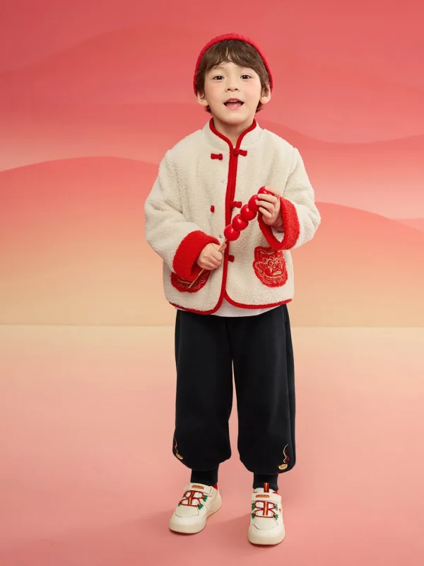 Balabala Children Clothes Suit Boys And Girls Long Sleeve Autumn And Winter 2025 New Baby Fleece New Year's Greeting Outfit White Store