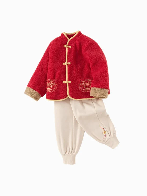 Balabala Children Clothes Suit Boys And Girls Long Sleeve Autumn And Winter 2025 New Baby Fleece New Year's Greeting Outfit Red Fashion