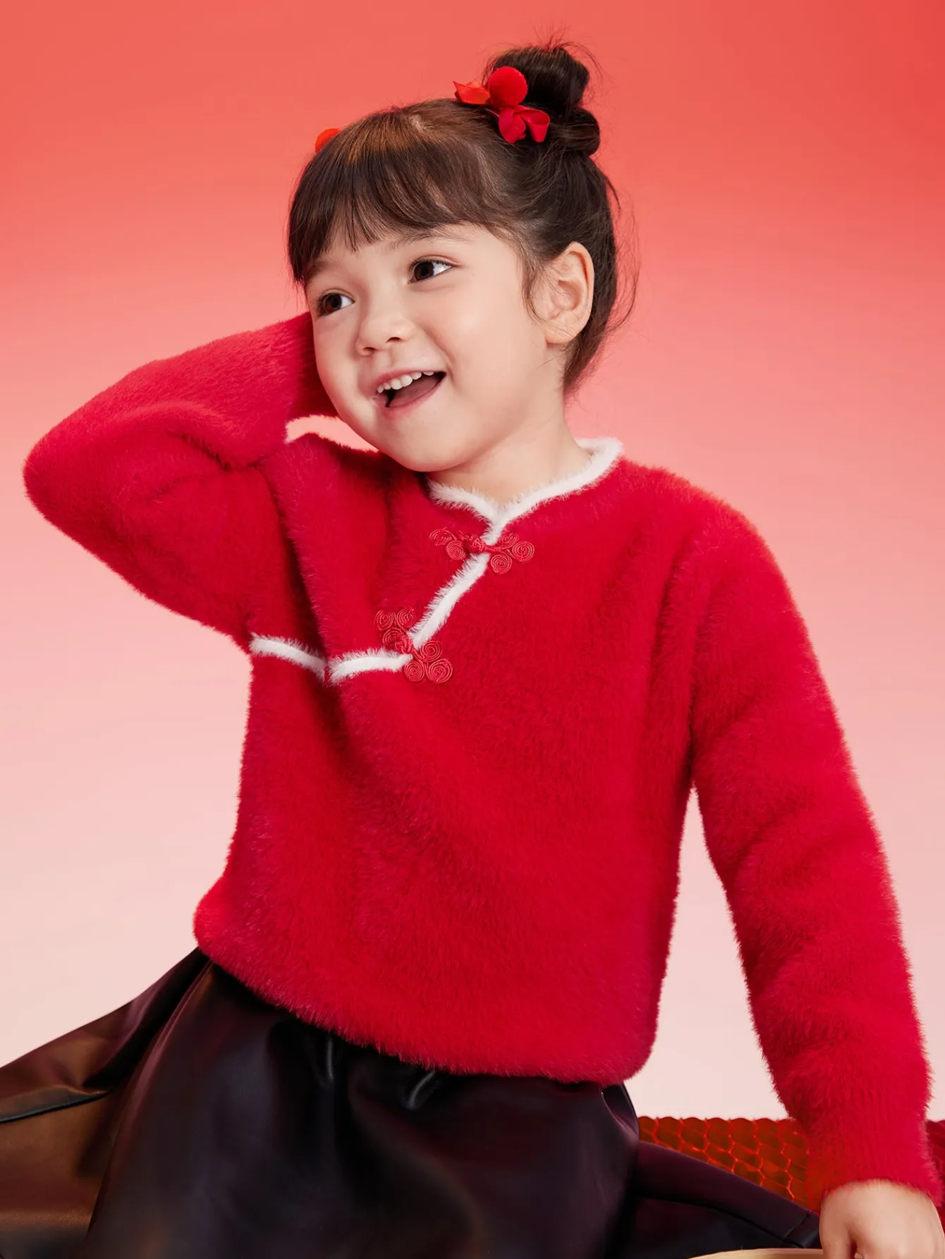 Balabala Children Sweater Girl New Chinese Style Sweater 2024 Winter New Red Knitwear Top Best