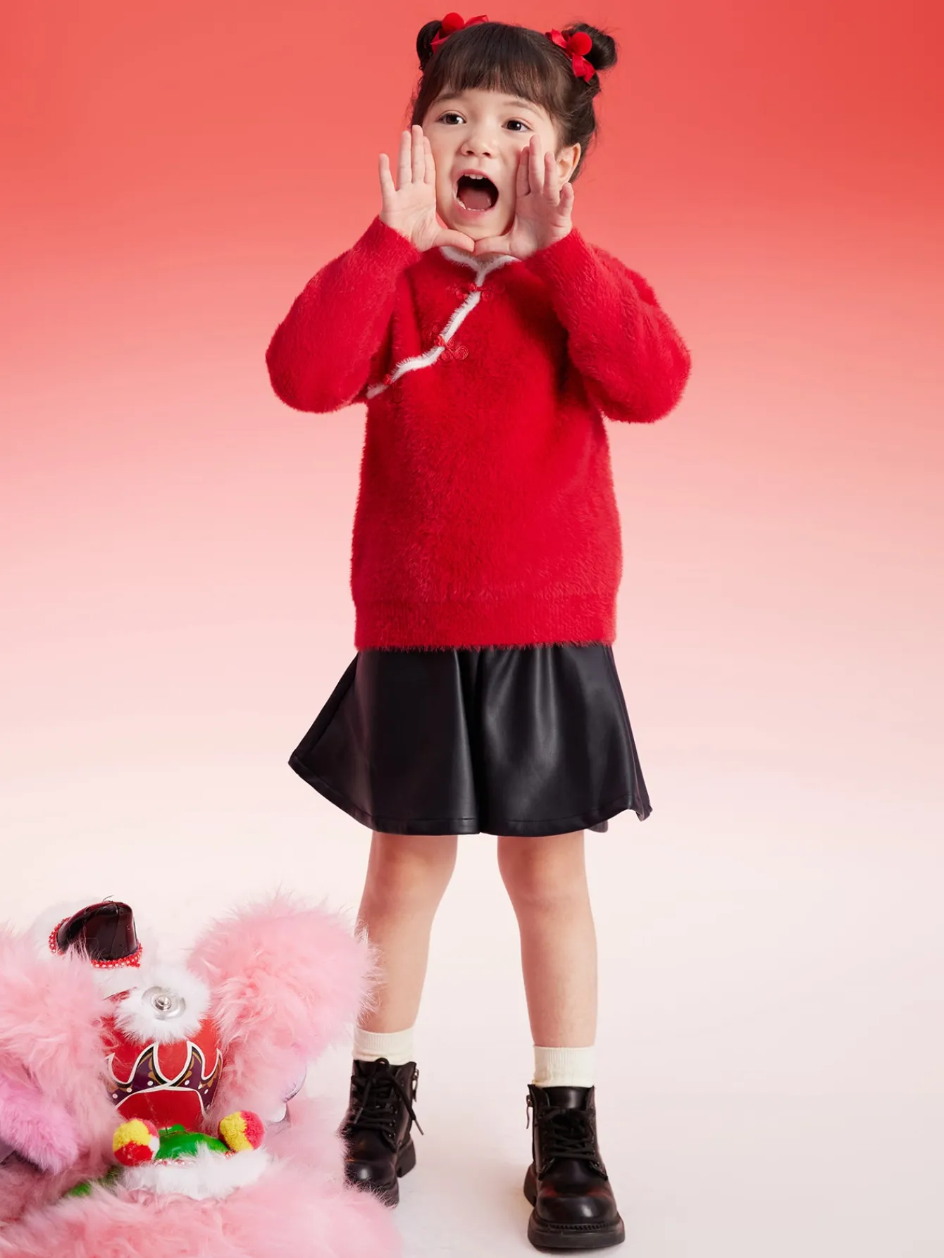 Balabala Children Sweater Girl New Chinese Style Sweater 2024 Winter New Red Knitwear Top Best