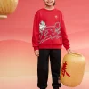 Balabala children's children's long-sleeved suit boys two-piece suit 2025 new spring baby parent-child clothing Chinese Red Cheap