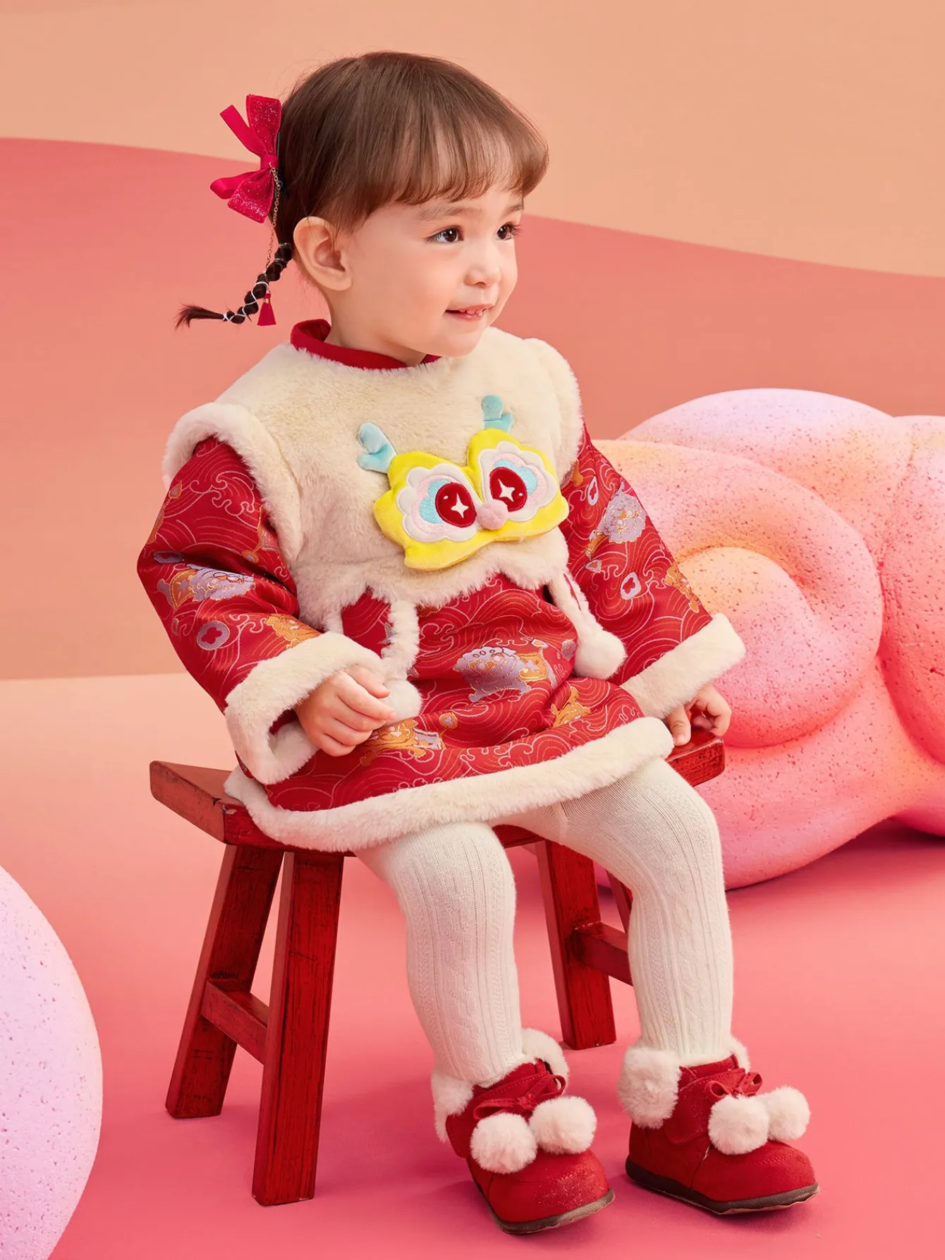 Balabala Children's Clothes Baby One-Piece Dress Baby Dress 2025 New Spring Clothes Baby Girl New Year Greeting Outfit Chinese Style New