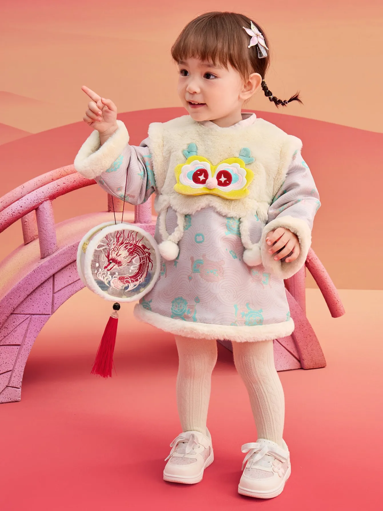 Balabala Children's Clothes Baby One-Piece Dress Baby Dress 2025 New Spring Clothes Baby Girl New Year Greeting Outfit Chinese Style New