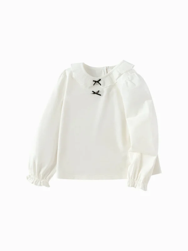 Balabala Children's Clothing Girls Long Sleeve T-Shirt 2025 Spring New Fashion Bow Tie Raw White Best