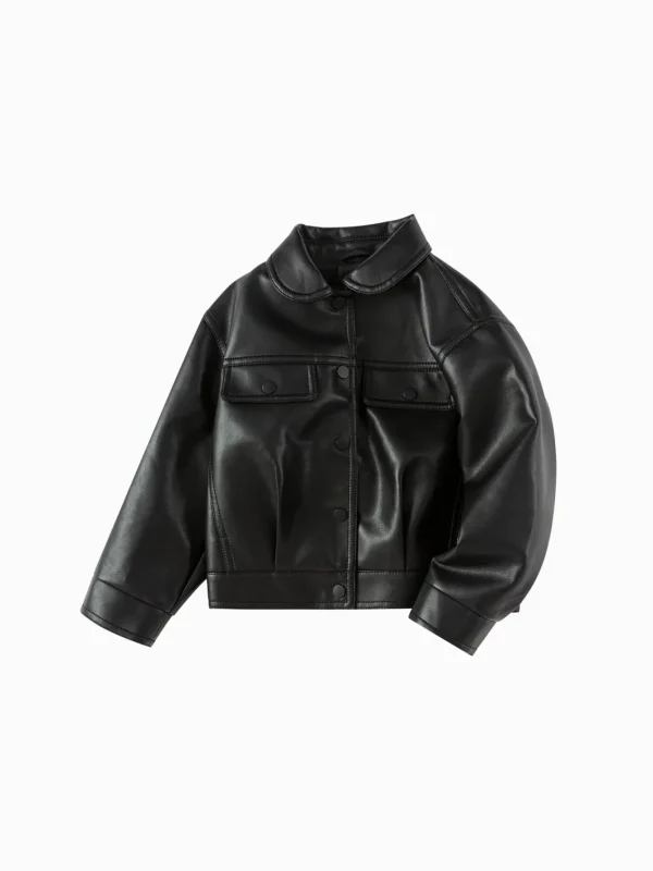 Balabala Children's Jacket Matte Faux Leather Coat Girls' Clothing 2025 Spring and Autumn New Top Black Flash Sale