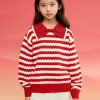 Balabala Children's Knitwear for Girls, 2024 Winter Striped Knitted Shirt with Bow Tie Inner Wear Top Red Fashion