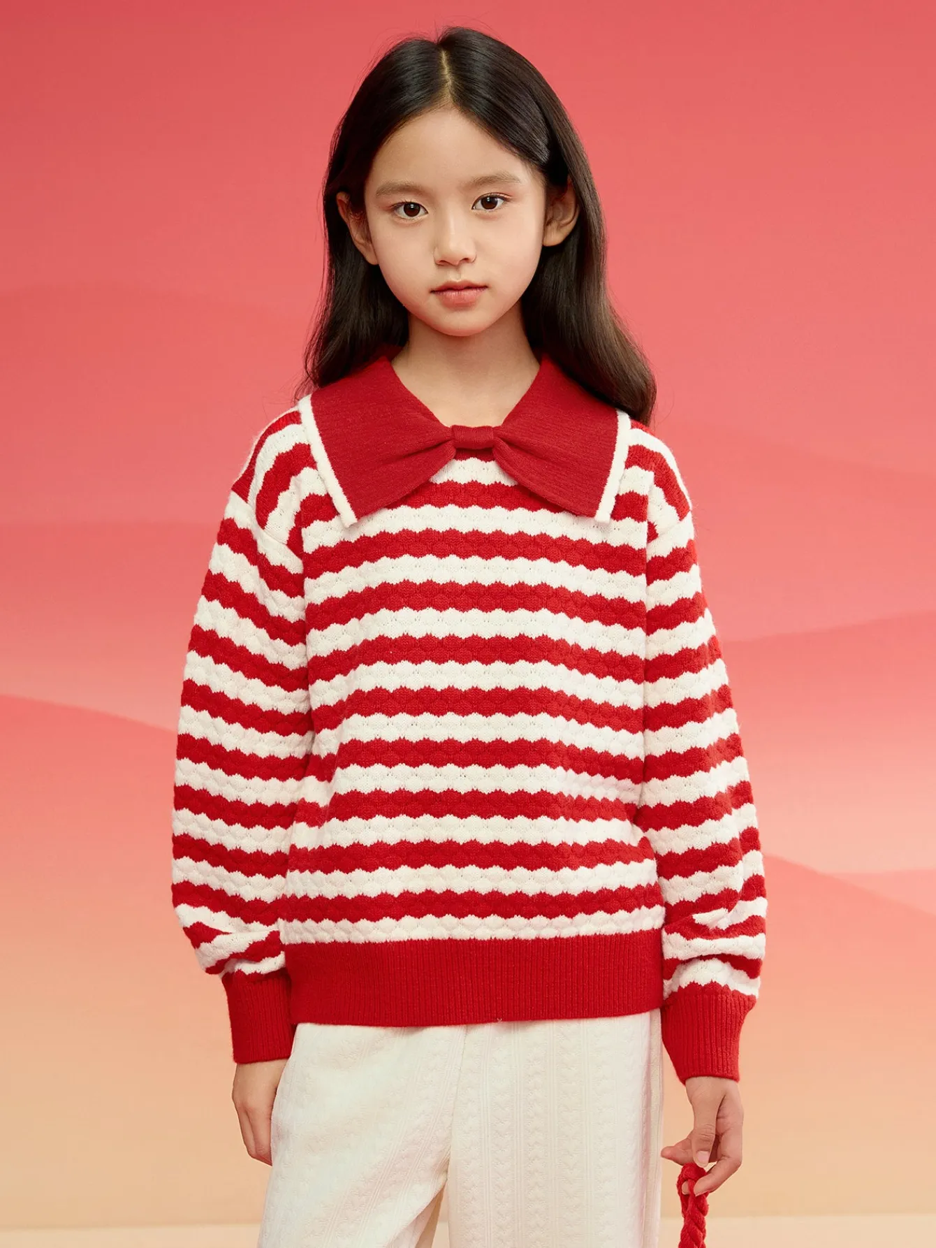 balabala_childrens_knitwear_for_girls__winter_striped_knitted_shirt_with_bow_tie_inner_wear_top_0.webp Balabala Children's Knitwear for Girls, 2024 Winter Striped Knitted Shirt with Bow Tie Inner Wear Top Red Fashion