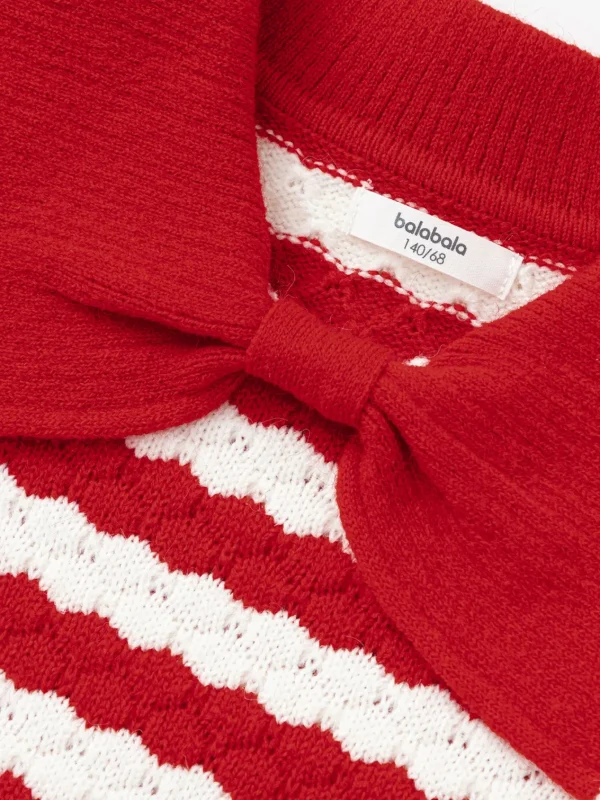 Balabala Children's Knitwear for Girls, 2024 Winter Striped Knitted Shirt with Bow Tie Inner Wear Top Red Fashion