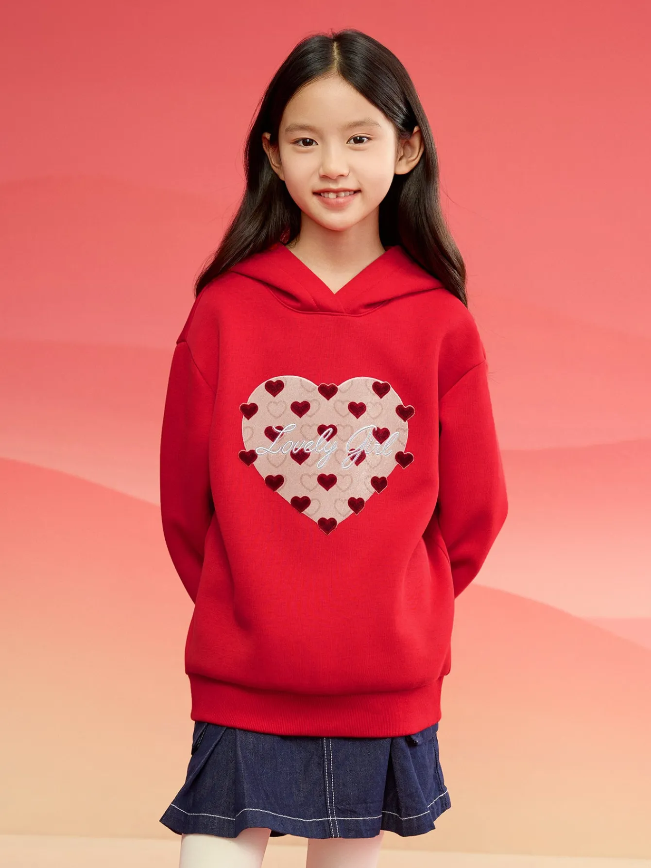 Balabala children's long-sleeved sweater girls 2024 winter new hooded love New Year red tops Chinese Red Shop