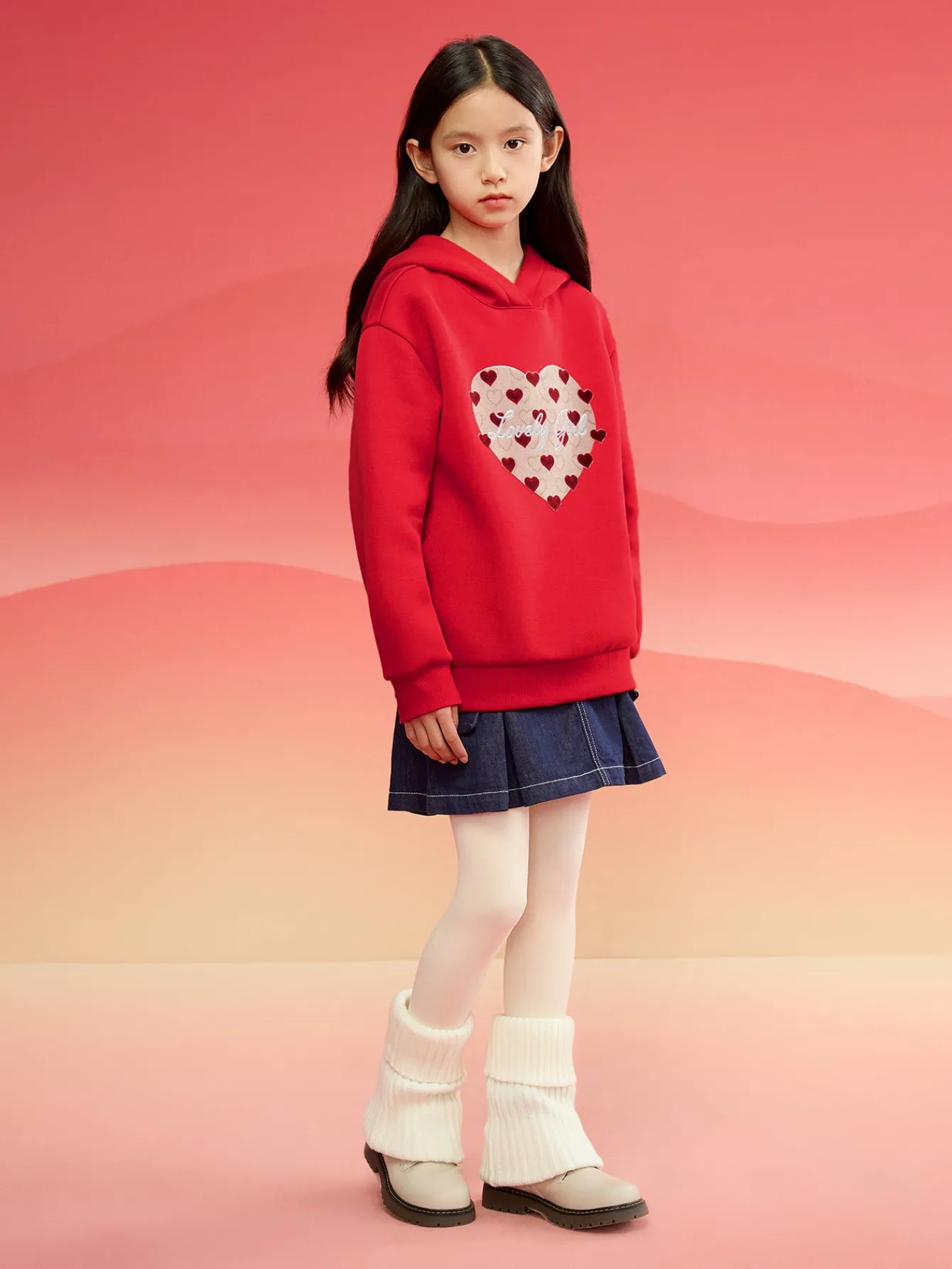 Balabala children's long-sleeved sweater girls 2024 winter new hooded love New Year red tops Chinese Red Shop