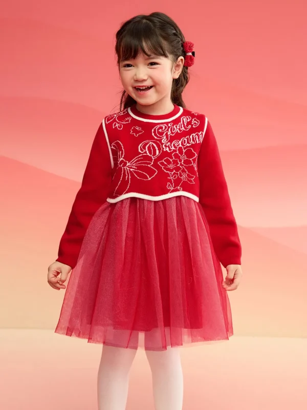 Balabala Girl Dress Children 2024 Winter New Chinese Style Mesh Two-Piece New Year's Outfit Red Cheap