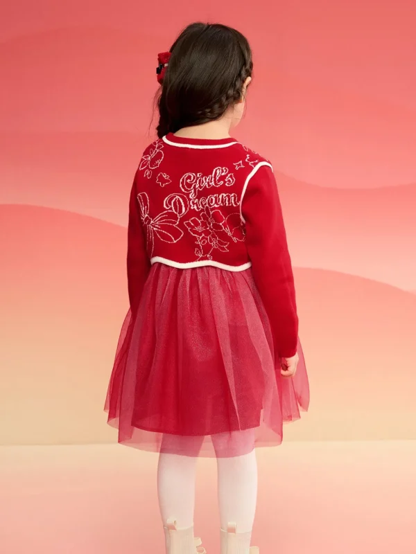 Balabala Girl Dress Children 2024 Winter New Chinese Style Mesh Two-Piece New Year's Outfit Red Cheap