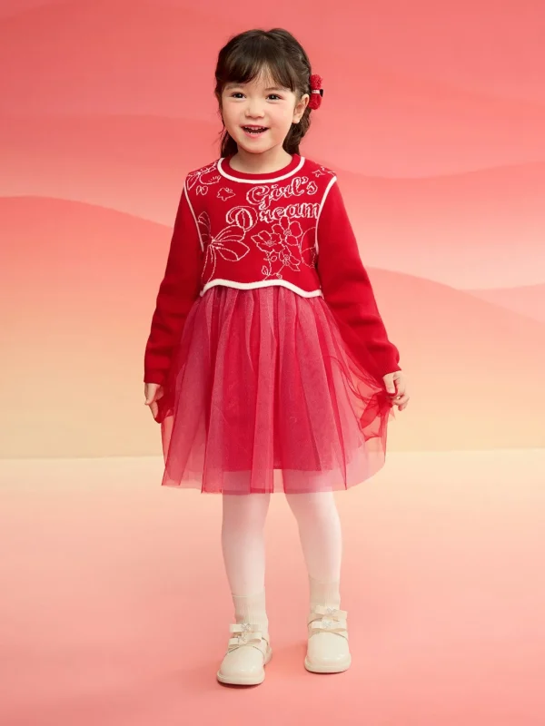 Balabala Girl Dress Children 2024 Winter New Chinese Style Mesh Two-Piece New Year's Outfit Red Cheap
