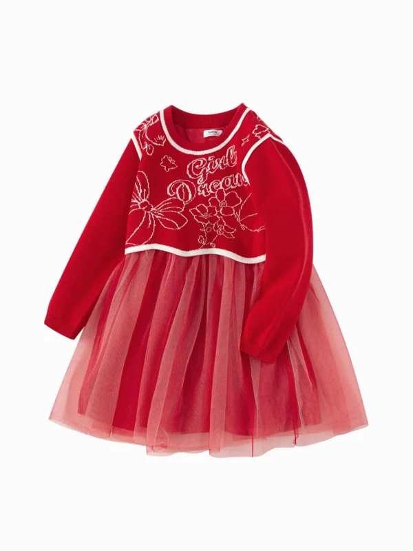 Balabala Girl Dress Children 2024 Winter New Chinese Style Mesh Two-Piece New Year's Outfit Red Cheap