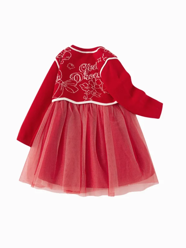 Balabala Girl Dress Children 2024 Winter New Chinese Style Mesh Two-Piece New Year's Outfit Red Cheap