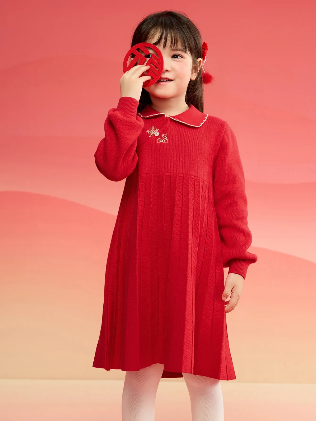 Balabala Girl New Chinese Style Knitted Dress 2025 Winter New Red Pleated Princess New Year's Dress Chinese Red Sale